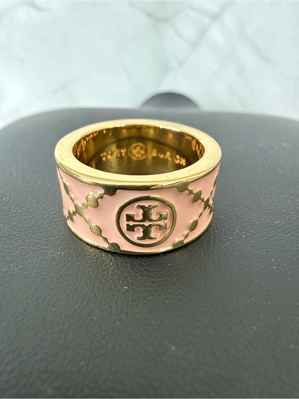 Tory Burch | Pink Enamel Logo Wide Band Ring | Sz 8